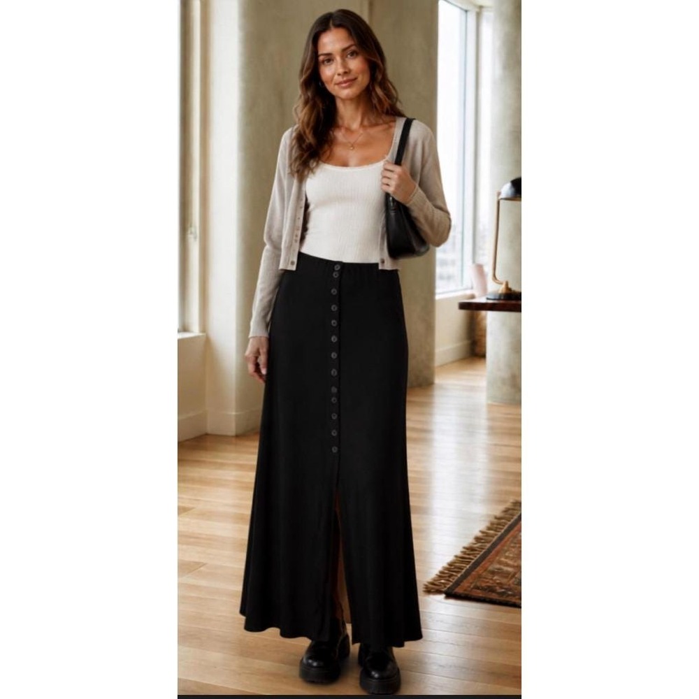 Vintage 90s Slinky Knit Button Front Maxi Skirt Black Made in USA Medium